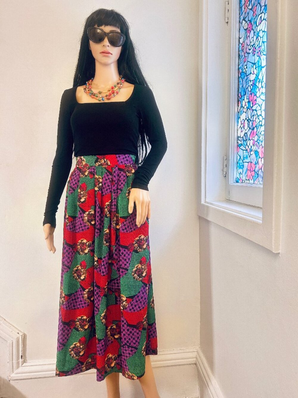 Vintage Patchwork Midi Skirt High Waist Bold Print Boho Cottagecore Colourful XL